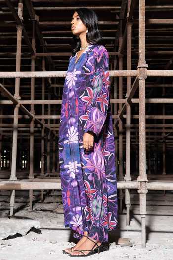 Therealb_Multi Color Viscose V-neck Coastal Bliss Printed Kimono Dress _at_Aza_Fashions