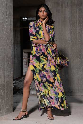 Shop Therealb Multi Color Viscose Keyhole Neck Wildflower Print Dress at Aza Fashions Shop_Therealb_Multi Color Viscose Keyhole Neck Wildflower Print Dress _at_Aza_Fashions