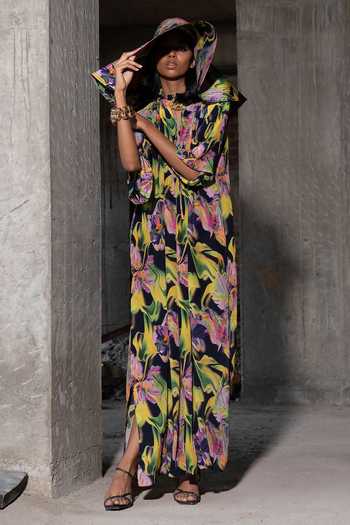 Therealb Multi Color Viscose Keyhole Neck Wildflower Print Dress Online at Aza Fashions Therealb_Multi Color Viscose Keyhole Neck Wildflower Print Dress _Online_at_Aza_Fashions