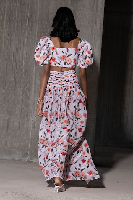 Shop Therealb Multi Color Viscose Square Neck Nomadic Journey Printed Top And Skirt Set at Aza Fashions Shop_Therealb_Multi Color Viscose Square Neck Nomadic Journey Printed Top And Skirt Set _at_Aza_Fashions