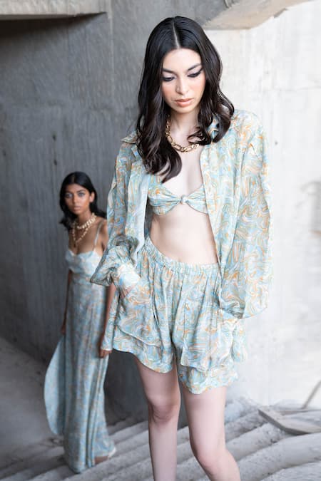 Buy_Therealb_Multi Color 100% Viscose Printed Marble Shirt Collar Gypsy Soul And Shorts Set _Online_at_Aza_Fashions