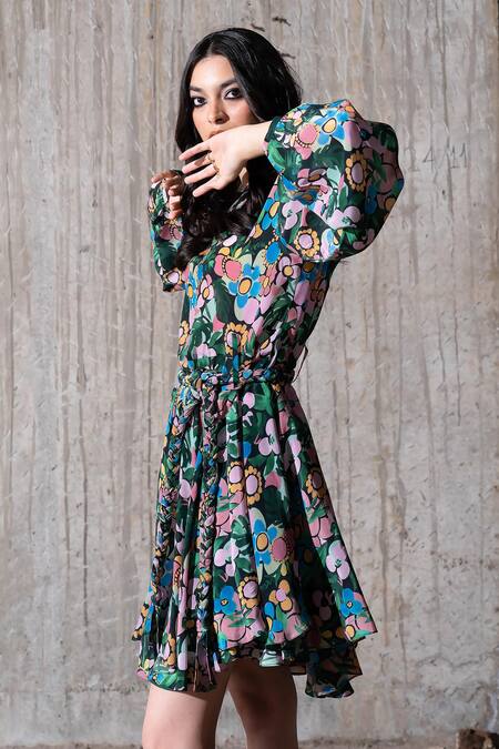 Floral Print Elastic Waist Dress Boho Long Sleeve Midi Dress - Temu