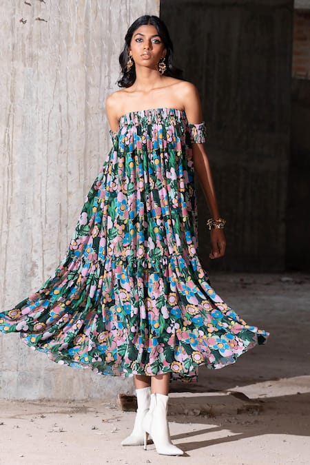 Therealb Multi Color Viscose Off-shoulder Hidden Gem Strapless Dress Online at Aza Fashions Therealb_Multi Color Viscose Off-shoulder Hidden Gem Strapless Dress _Online_at_Aza_Fashions