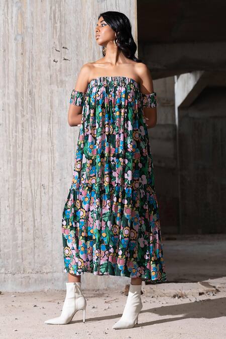 Shop Therealb Multi Color Viscose Off-shoulder Hidden Gem Strapless Dress Online at Aza Fashions Shop_Therealb_Multi Color Viscose Off-shoulder Hidden Gem Strapless Dress _Online_at_Aza_Fashions