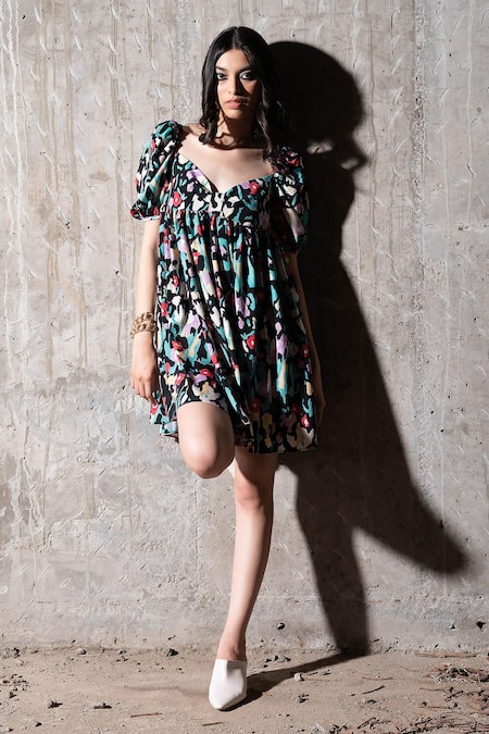 Buy_Therealb_Multi Color Polyester Sweetheart Neck Oceans Horizon Abstract Print Dress _Online_at_Aza_Fashions