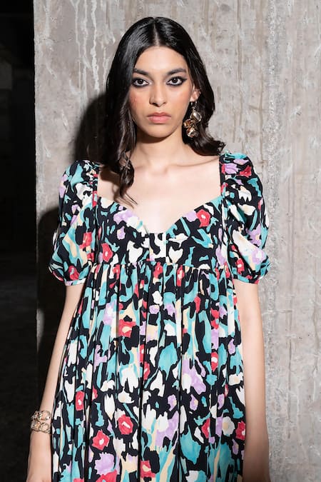 Therealb_Multi Color Polyester Sweetheart Neck Oceans Horizon Abstract Print Dress _at_Aza_Fashions