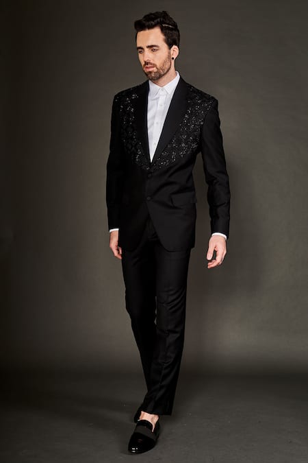 Arjuun Kilachand Black Wool Embroidered Cut Dana And Thread Work Jacket & Trouser Set Online at Aza Fashions Arjuun Kilachand_Black Wool Embroidered Cut Dana And Thread Work Jacket & Trouser Set _Online_at_Aza_Fashions