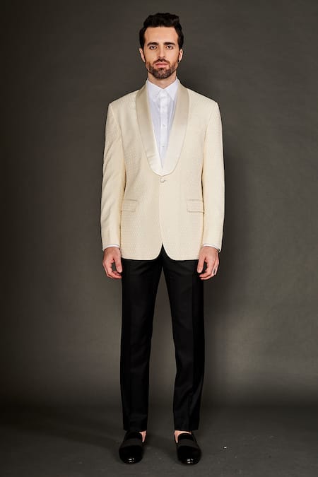Arjuun Kilachand_Ivory Wool Silk Textured Geometric Shawl Lapel Collar Tuxedo And Trouser Set _Online_at_Aza_Fashions