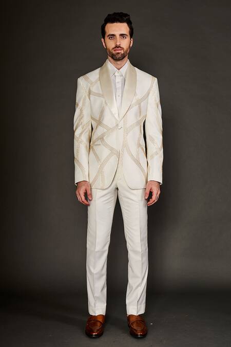 Arjuun Kilachand_Ivory Wool Silk Embroidered Cut Dana Work Tuxedo And Trouser Set _Online_at_Aza_Fashions