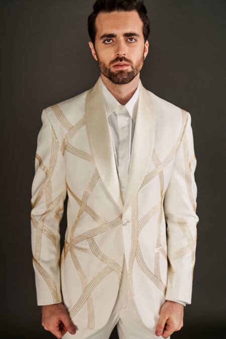 Buy_Arjuun Kilachand_Ivory Wool Silk Embroidered Cut Dana Work Tuxedo And Trouser Set _Online_at_Aza_Fashions
