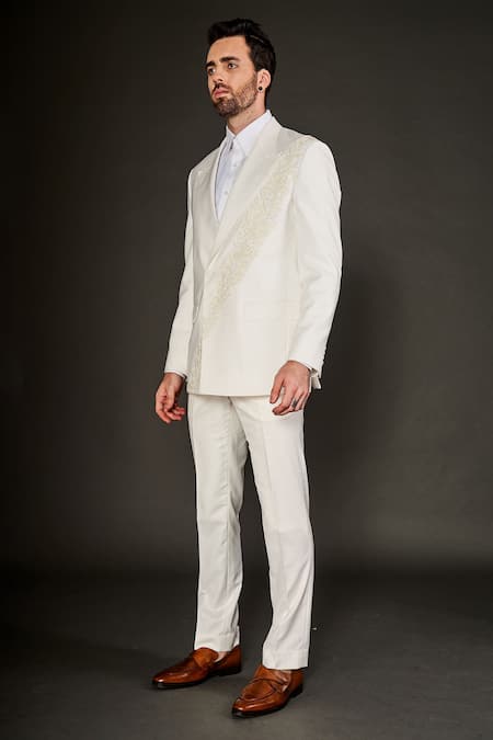 Arjuun Kilachand_Ivory Wool Silk Embroidered Cut Dana Work Jacket Trouser Set _Online_at_Aza_Fashions