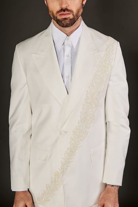 Buy_Arjuun Kilachand_Ivory Wool Silk Embroidered Cut Dana Work Jacket Trouser Set _Online_at_Aza_Fashions