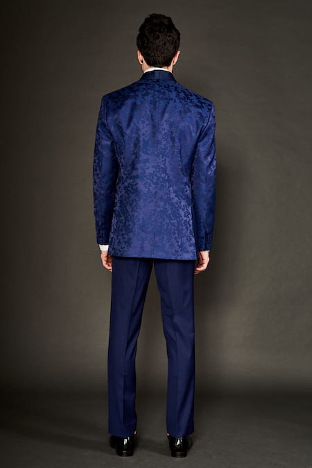 Shop Arjuun Kilachand Blue Wool Silk Floral Pattern Tuxedo Trouser Set at Aza Fashions Shop_Arjuun Kilachand_Blue Wool Silk Floral Pattern Tuxedo Trouser Set _at_Aza_Fashions