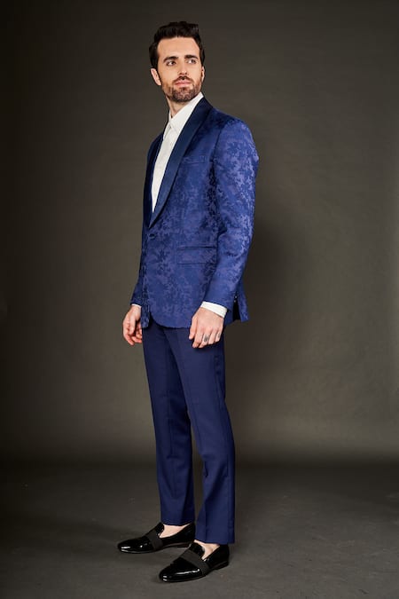 Arjuun Kilachand Blue Wool Silk Floral Pattern Tuxedo Trouser Set Online at Aza Fashions Arjuun Kilachand_Blue Wool Silk Floral Pattern Tuxedo Trouser Set _Online_at_Aza_Fashions