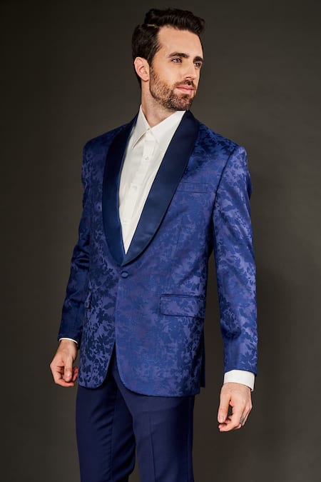 Buy Arjuun Kilachand Blue Wool Silk Floral Pattern Tuxedo Trouser Set Online at Aza Fashions Buy_Arjuun Kilachand_Blue Wool Silk Floral Pattern Tuxedo Trouser Set _Online_at_Aza_Fashions