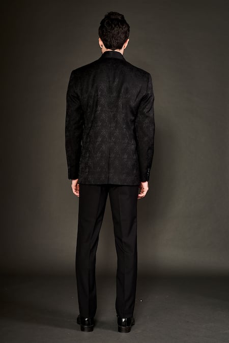 Shop Arjuun Kilachand Black Wool Silk Floral Pattern Butterfly Shawl Lapel Collar Tuxedo And Trouser Set at Aza Fashions Shop_Arjuun Kilachand_Black Wool Silk Floral Pattern Butterfly Shawl Lapel Collar Tuxedo And Trouser Set _at_Aza_Fashions