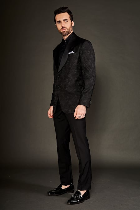 Arjuun Kilachand Black Wool Silk Floral Pattern Butterfly Shawl Lapel Collar Tuxedo And Trouser Set Online at Aza Fashions Arjuun Kilachand_Black Wool Silk Floral Pattern Butterfly Shawl Lapel Collar Tuxedo And Trouser Set _Online_at_Aza_Fashions