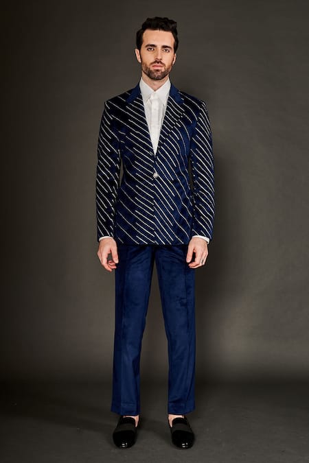 Arjuun Kilachand Blue Velvet Embroidered Resham Work Jacket And Trouser Set 