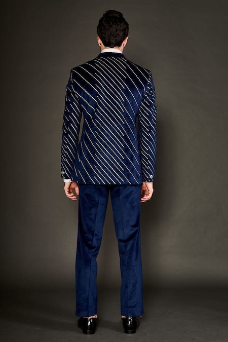 Shop Arjuun Kilachand Blue Velvet Embroidered Resham Work Jacket And Trouser Set at Aza Fashions Shop_Arjuun Kilachand_Blue Velvet Embroidered Resham Work Jacket And Trouser Set _at_Aza_Fashions