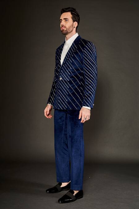 Arjuun Kilachand Blue Velvet Embroidered Resham Work Jacket And Trouser Set Online at Aza Fashions Arjuun Kilachand_Blue Velvet Embroidered Resham Work Jacket And Trouser Set _Online_at_Aza_Fashions