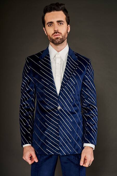 Buy Arjuun Kilachand Blue Velvet Embroidered Resham Work Jacket And Trouser Set Online at Aza Fashions Buy_Arjuun Kilachand_Blue Velvet Embroidered Resham Work Jacket And Trouser Set _Online_at_Aza_Fashions