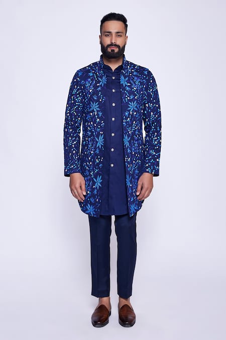 Arjuun Kilachand Navy Cotton, Silk Mirrors, Embroidery Floral Resham Gota Work Bundi And Kurta Set 