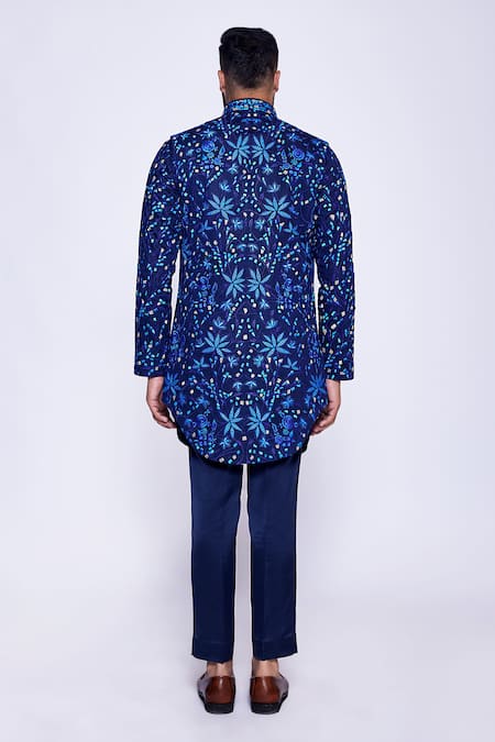 Shop Arjuun Kilachand Navy Cotton, Silk Mirrors, Embroidery Floral Resham Gota Work Bundi And Kurta Set at Aza Fashions Shop_Arjuun Kilachand_Navy Cotton, Silk Mirrors, Embroidery Floral Resham Gota Work Bundi And Kurta Set _at_Aza_Fashions