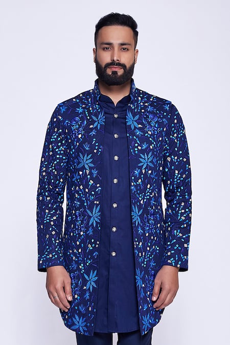 Arjuun Kilachand Navy Cotton, Silk Mirrors, Embroidery Floral Resham Gota Work Bundi And Kurta Set Online at Aza Fashions Arjuun Kilachand_Navy Cotton, Silk Mirrors, Embroidery Floral Resham Gota Work Bundi And Kurta Set _Online_at_Aza_Fashions