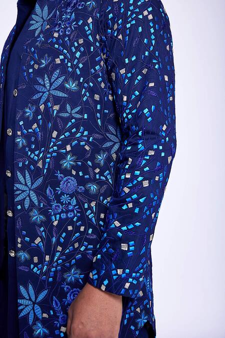 Shop Arjuun Kilachand Navy Cotton, Silk Mirrors, Embroidery Floral Resham Gota Work Bundi And Kurta Set Online at Aza Fashions Shop_Arjuun Kilachand_Navy Cotton, Silk Mirrors, Embroidery Floral Resham Gota Work Bundi And Kurta Set _Online_at_Aza_Fashions