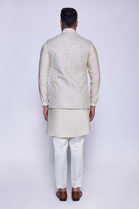 Shop Arjuun Kilachand Beige Linen, Silk Embroidery Floral Bundi And Kurta Set at Aza Fashions Shop_Arjuun Kilachand_Beige Linen, Silk Embroidery Floral Bundi And Kurta Set _at_Aza_Fashions