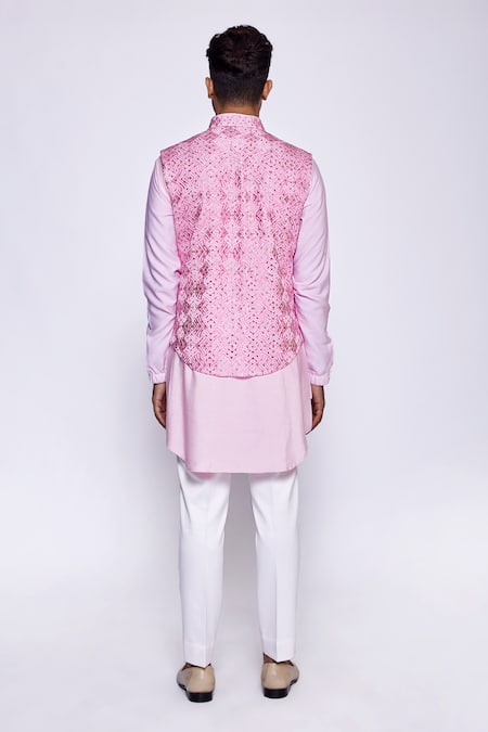 Shop Arjuun Kilachand Pink Linen, Silk Embroidery Resham Bundi And Kurta Set at Aza Fashions Shop_Arjuun Kilachand_Pink Linen, Silk Embroidery Resham Bundi And Kurta Set _at_Aza_Fashions