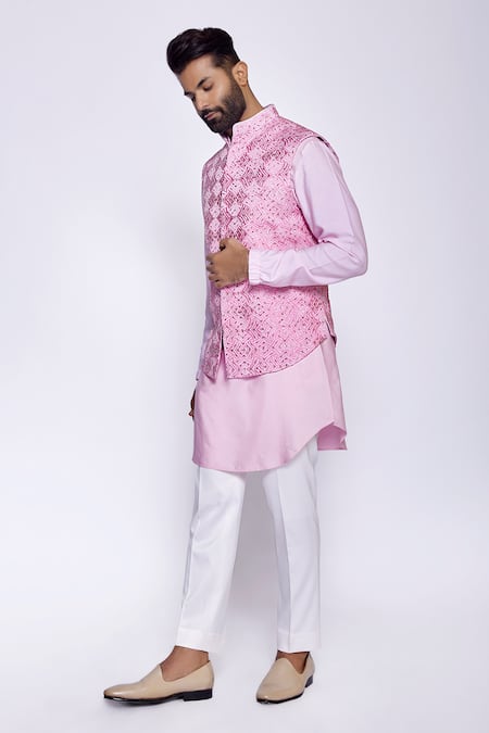 Arjuun Kilachand Pink Linen, Silk Embroidery Resham Bundi And Kurta Set Online at Aza Fashions Arjuun Kilachand_Pink Linen, Silk Embroidery Resham Bundi And Kurta Set _Online_at_Aza_Fashions