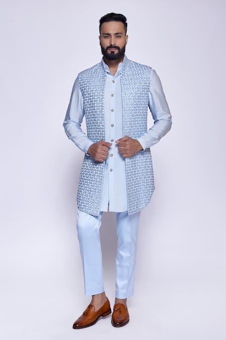 Arjuun Kilachand Blue Linen, Silk Embroidery Cut Dana Bundi And Kurta Set 