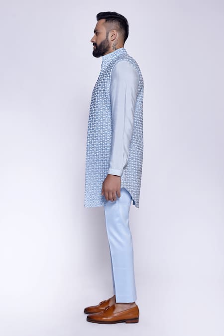 Arjuun Kilachand Blue Linen, Silk Embroidery Cut Dana Bundi And Kurta Set Online at Aza Fashions Arjuun Kilachand_Blue Linen, Silk Embroidery Cut Dana Bundi And Kurta Set _Online_at_Aza_Fashions