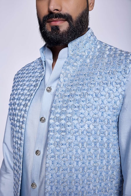 Buy Arjuun Kilachand Blue Linen, Silk Embroidery Cut Dana Bundi And Kurta Set Online at Aza Fashions Buy_Arjuun Kilachand_Blue Linen, Silk Embroidery Cut Dana Bundi And Kurta Set _Online_at_Aza_Fashions