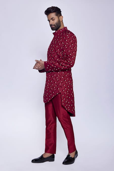 Arjuun Kilachand Maroon Linen, Silk Zari, Embroidery Broken Arrow Bandhgala Online at Aza Fashions Arjuun Kilachand_Maroon Linen, Silk Zari, Embroidery Broken Arrow Bandhgala _Online_at_Aza_Fashions