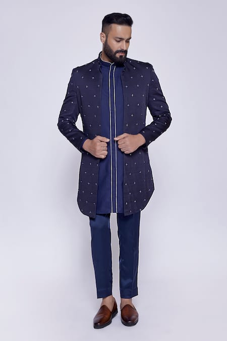 ARJUUN KILACHAND Blue Linen Silk Embroidered French Knot Thread And Cut Dana Jacket & Kurta Set 