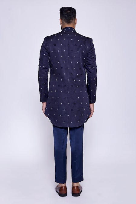Shop Arjuun Kilachand Blue Linen, Silk Embroidery French Knot Jacket And Kurta Set at Aza Fashions Shop_Arjuun Kilachand_Blue Linen, Silk Embroidery French Knot Jacket And Kurta Set _at_Aza_Fashions