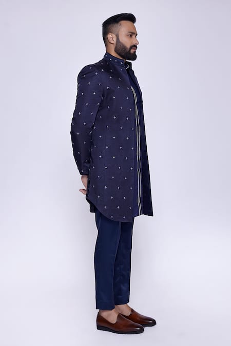 Arjuun Kilachand Blue Linen, Silk Embroidery French Knot Jacket And Kurta Set Online at Aza Fashions Arjuun Kilachand_Blue Linen, Silk Embroidery French Knot Jacket And Kurta Set _Online_at_Aza_Fashions