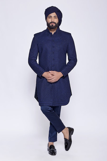 Arjuun Kilachand Blue Linen Silk Hand Embroidered Resham And Cut Dana Work & Sherwani 
