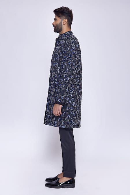 Arjuun Kilachand Black Linen Silk Hand Embroidered Cut Dana Work Floral Sherwani Online at Aza Fashions Arjuun Kilachand_Black Linen Silk Hand Embroidered Cut Dana Work Floral Sherwani _Online_at_Aza_Fashions