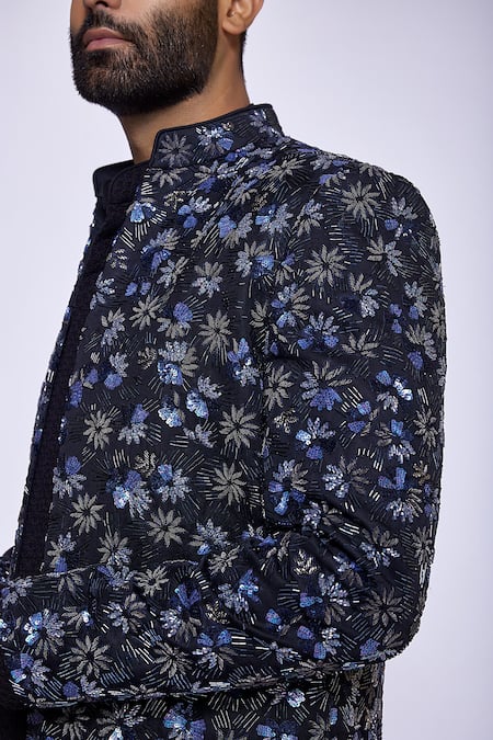 Buy Arjuun Kilachand Black Linen Silk Hand Embroidered Cut Dana Work Floral Sherwani Online at Aza Fashions Buy_Arjuun Kilachand_Black Linen Silk Hand Embroidered Cut Dana Work Floral Sherwani _Online_at_Aza_Fashions