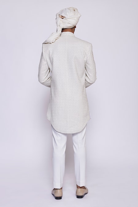 Shop Arjuun Kilachand Ivory Georgette Hand Embroidered French Knot Thread And Cut Dana & Sherwani at Aza Fashions Shop_Arjuun Kilachand_Ivory Georgette Hand Embroidered French Knot Thread And Cut Dana & Sherwani _at_Aza_Fashions