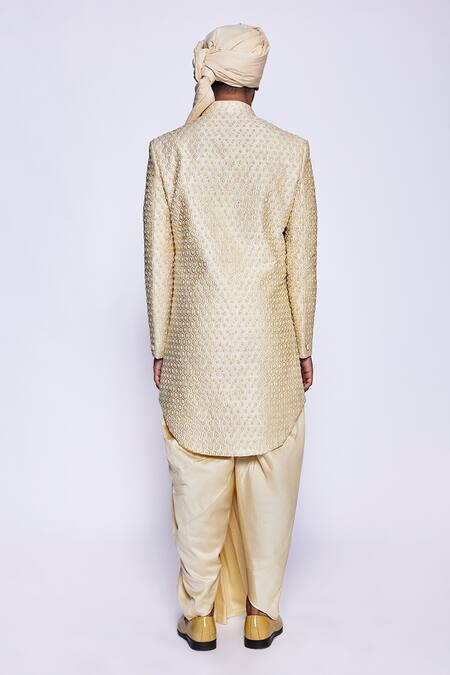 Shop_Arjuun Kilachand_Beige Raw Silk Hand Embroidered French Knot Thread And Cut Dana Work Sherwani _at_Aza_Fashions