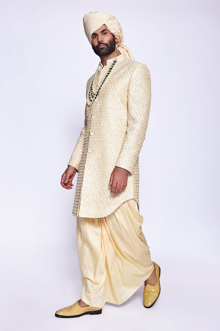 Arjuun Kilachand_Beige Raw Silk Hand Embroidered French Knot Thread And Cut Dana Work Sherwani _Online_at_Aza_Fashions