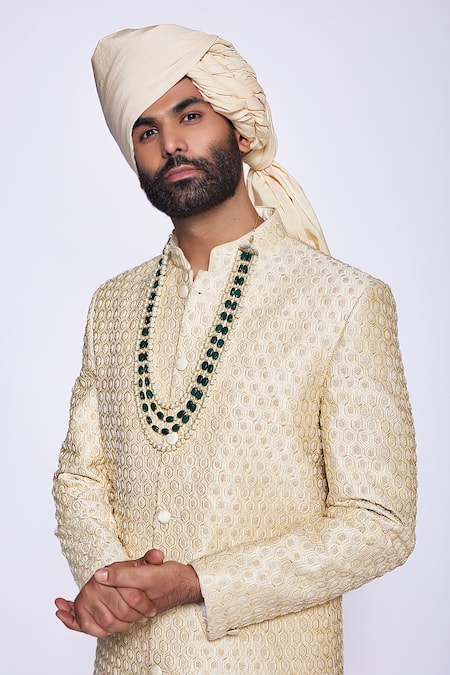 Buy_Arjuun Kilachand_Beige Raw Silk Hand Embroidered French Knot Thread And Cut Dana Work Sherwani _Online_at_Aza_Fashions