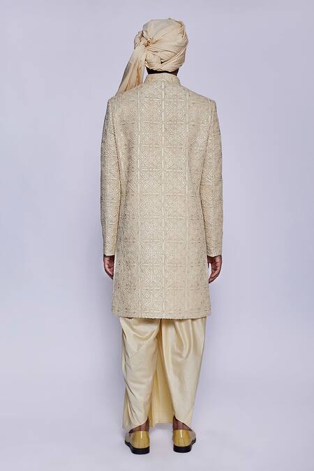 Shop Arjuun Kilachand Beige Raw Silk Hand Embroidered French Knot Thread Work Sherwani at Aza Fashions Shop_Arjuun Kilachand_Beige Raw Silk Hand Embroidered French Knot Thread Work Sherwani _at_Aza_Fashions