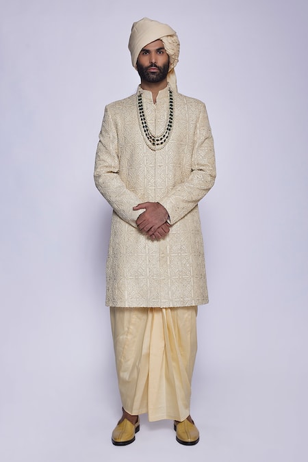 Arjuun Kilachand Beige Raw Silk Hand Embroidered French Knot Thread Work Sherwani Online at Aza Fashions Arjuun Kilachand_Beige Raw Silk Hand Embroidered French Knot Thread Work Sherwani _Online_at_Aza_Fashions
