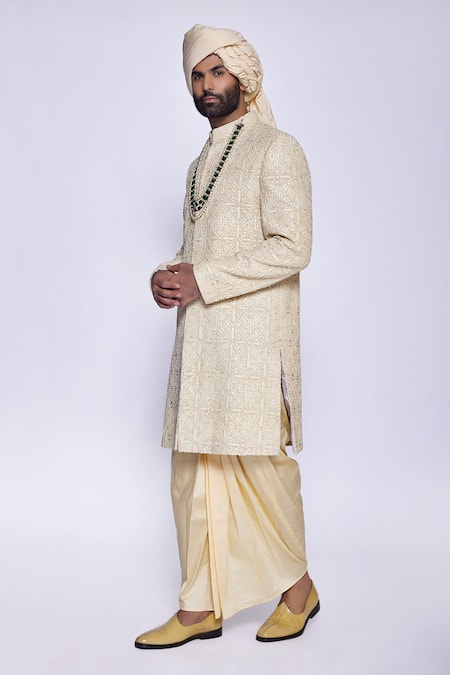 Buy Arjuun Kilachand Beige Raw Silk Hand Embroidered French Knot Thread Work Sherwani Online at Aza Fashions Buy_Arjuun Kilachand_Beige Raw Silk Hand Embroidered French Knot Thread Work Sherwani _Online_at_Aza_Fashions