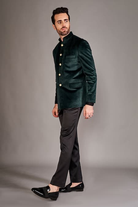 Arjuun Kilachand Green Velvet Embroidery Solid Bandhgala Online at Aza Fashions Arjuun Kilachand_Green Velvet Embroidery Solid Bandhgala _Online_at_Aza_Fashions